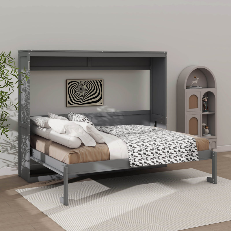 Lit double pliable mural pleine grandeur avec tablette de rangement et lattes en bois, Gris, Lit double