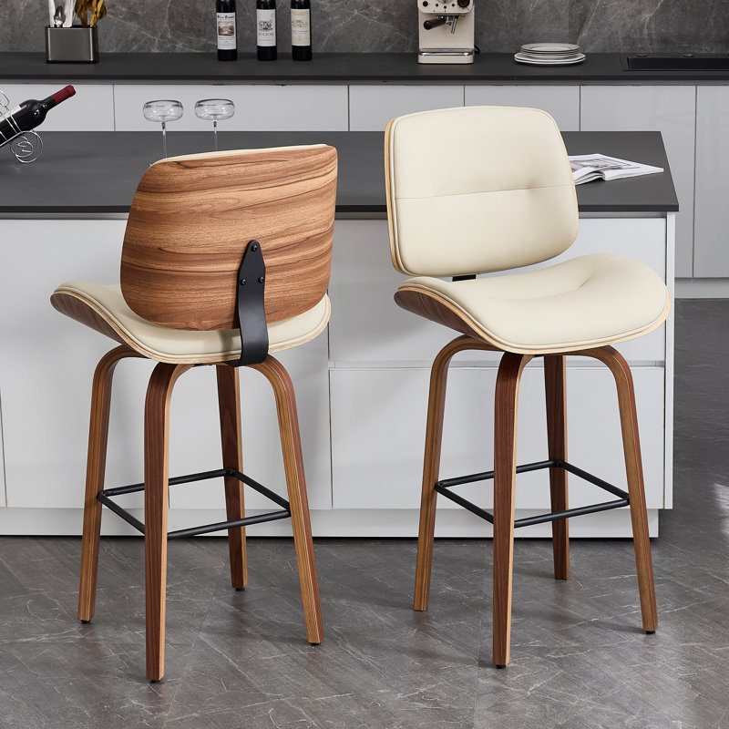 Swivel Upholstered Bar Stool with Solid Wood Frame, Beige