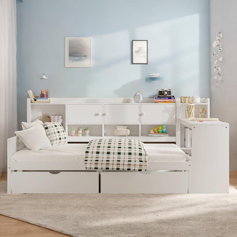 Structure de lit de jour moderne en L multifonctionnel avec bureau d'étude, Lit simple, Blanc