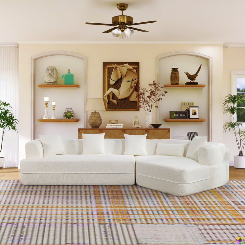 Temica 128"W Boucle RAF Low Back Curved Vacuumed Boneless Sectional, Beige Boucle