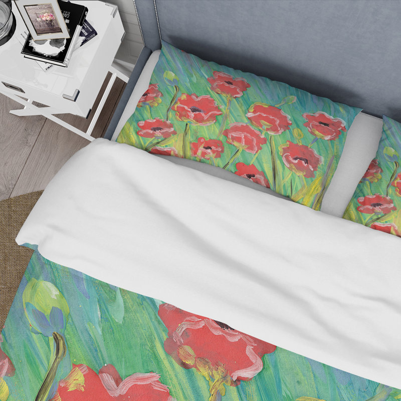 Gouache de Blooming Poppies - ensemble de housse de couette traditionnel - microfibre de polyester