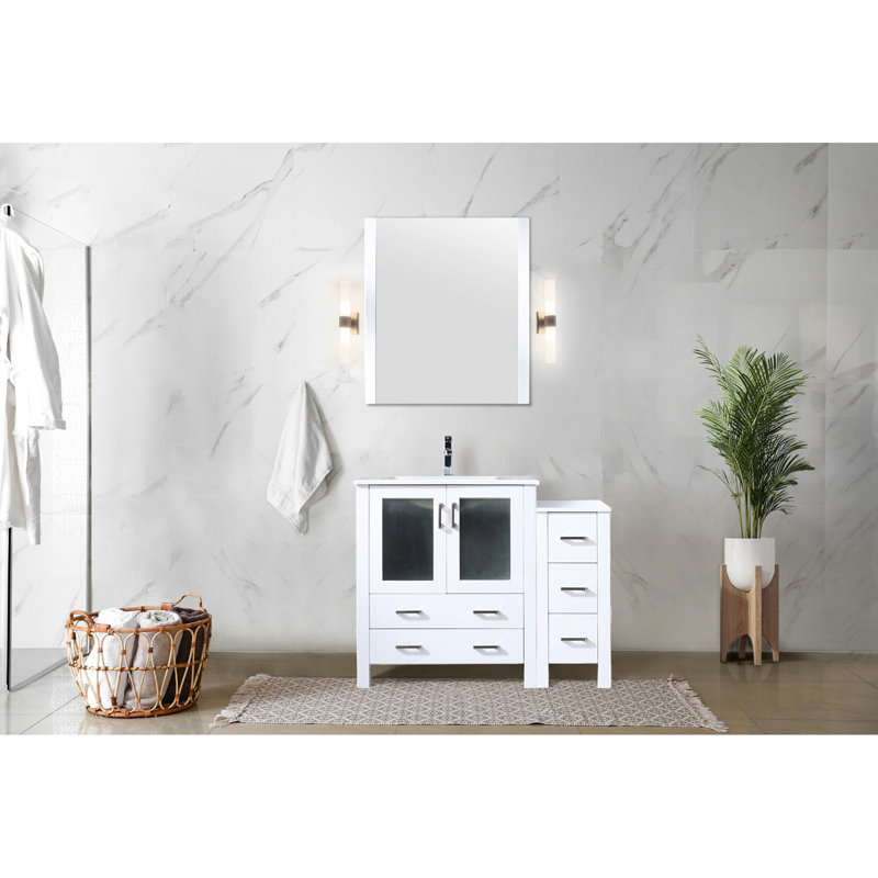 42 po Meuble-lavabo de salle de bain blanc, armoire latérale, comptoir en céramique, robinet, miroir 28 po - To Damage and Scratches