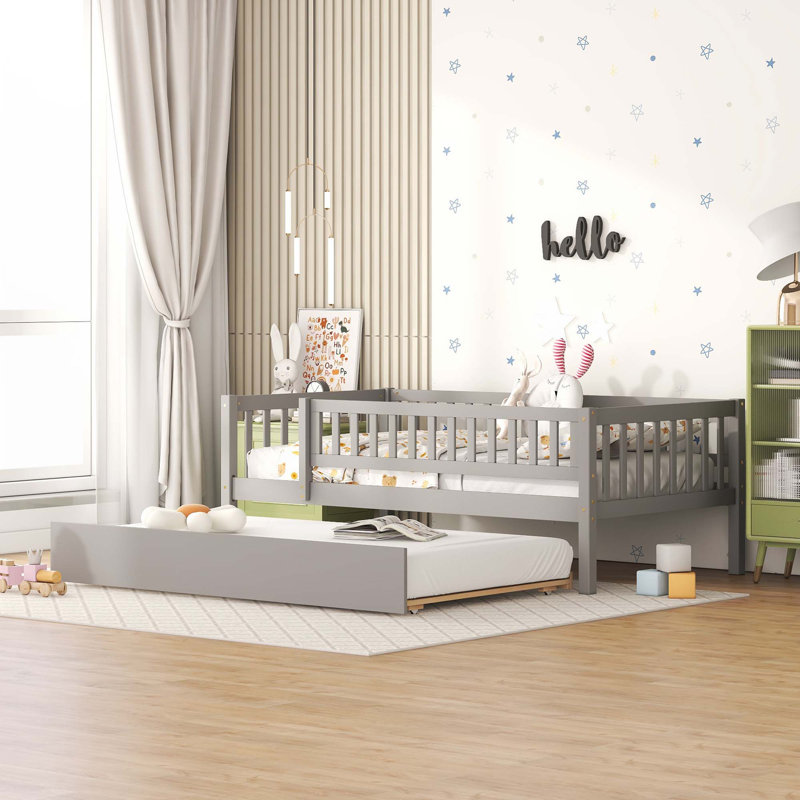 Wood Daybed With Trundle And Fence Guardrails, Gray, Twin