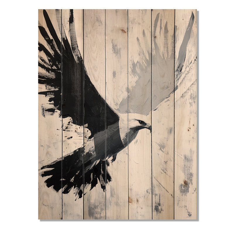 Faucon noir et blanc II - reproduction d'aigle noir sur bois de pin naturel, H 32 po x l 24 po