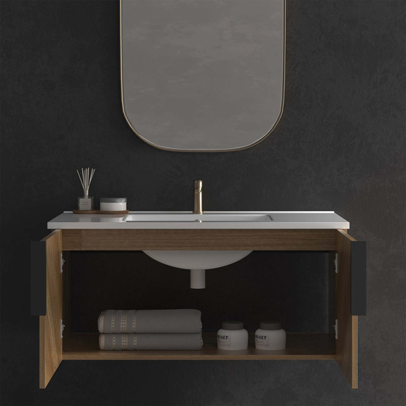 Meuble-lavabo mural avec panneaux 3D texturés et lavabo en céramique intégré