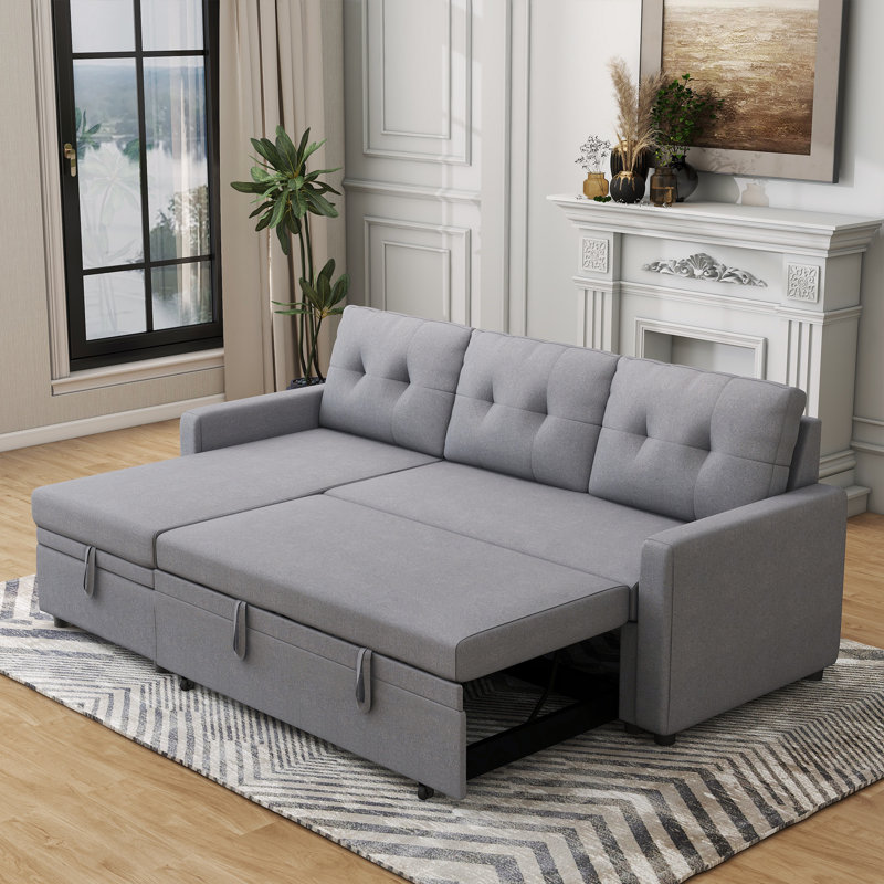 209Cm Linen Square Arms Sofa Bed, Light Grey