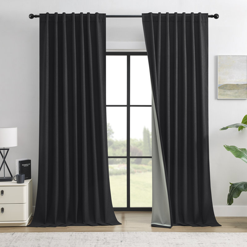 Leming 100% Polyester Burlap Blackout Curtains for Bedroom Back Tab Curtains 2 Panels Set, 52" W x 84" L, Black