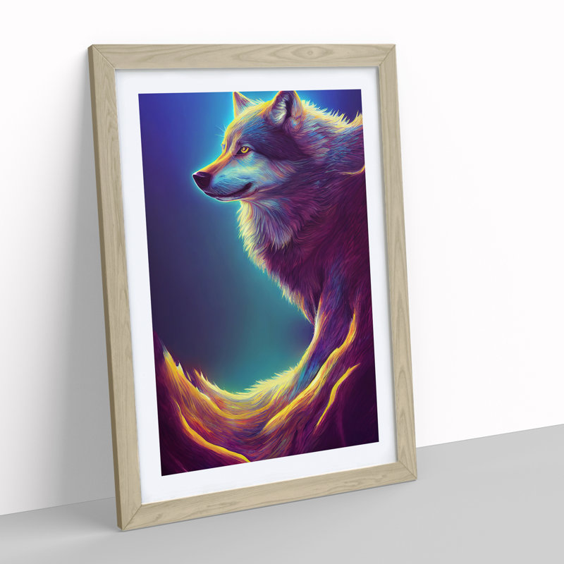 Wolf In Neon - Single Picture Frame Print, 64cm H x 46cm W x 2cm D, Oak Framed