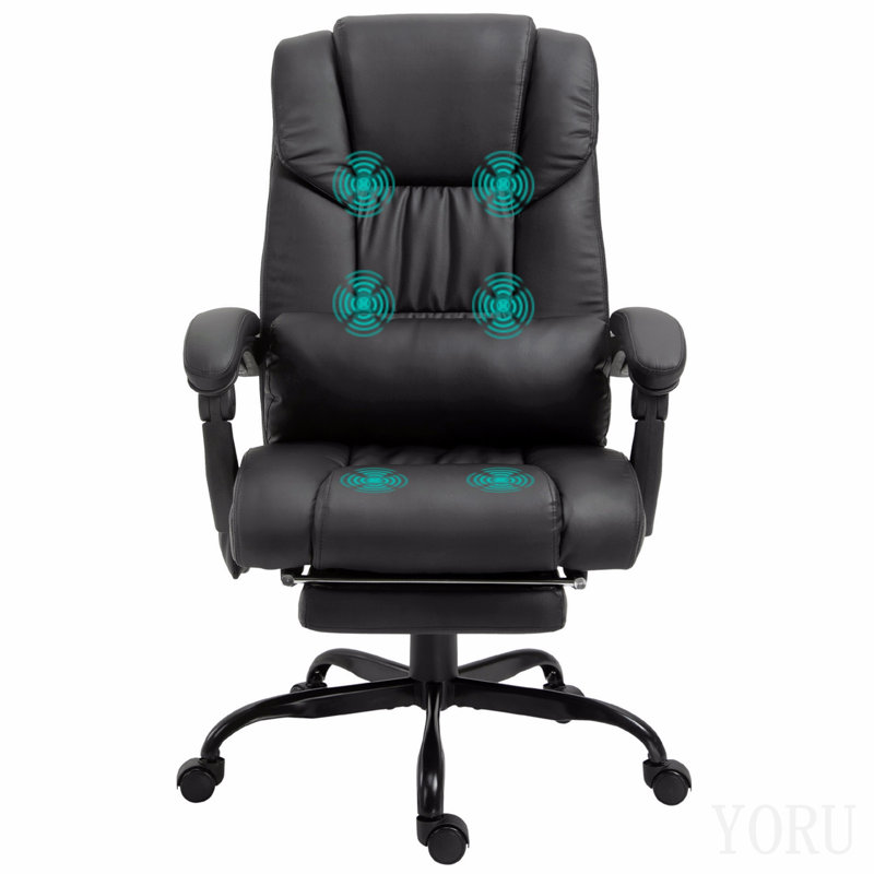 Chaise de bureau de massage à haut dossier avec 6 points de vibration, chaise d'ordinateur inclinable en cuir PU, chaise de bureau ergonomique avec repose-pieds réglable en hauteur et télécommande, noir