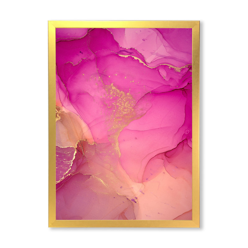 «Pink and Gold Ink Clouds», peinture sur toile, H 44 po x l 34 po x P 1,5 po, Cadre doré