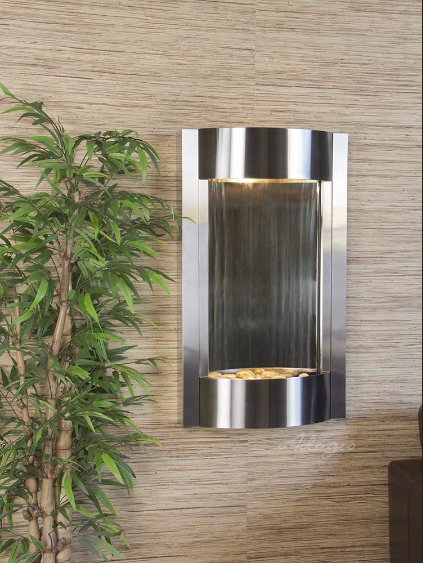Serene Waters Fountain with Light, Silver Mirror, Stainless Steel