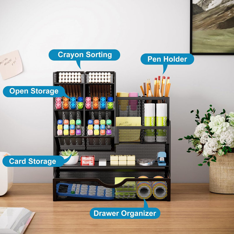 Porte-stylo en maille pour bureau, organisateur de crayons multifonctionnel avec tiroir