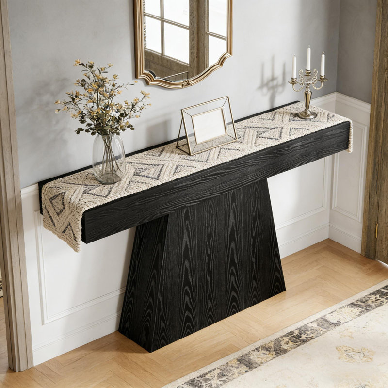 Console élégante en bois massif de 63 pouces - Table d'entrée minimaliste et table de canapé avec base géométrique, finition noire