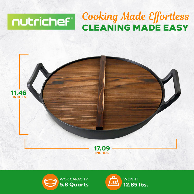 Nutrichef 14'' Non-Stick Cast Iron Wok with Lid