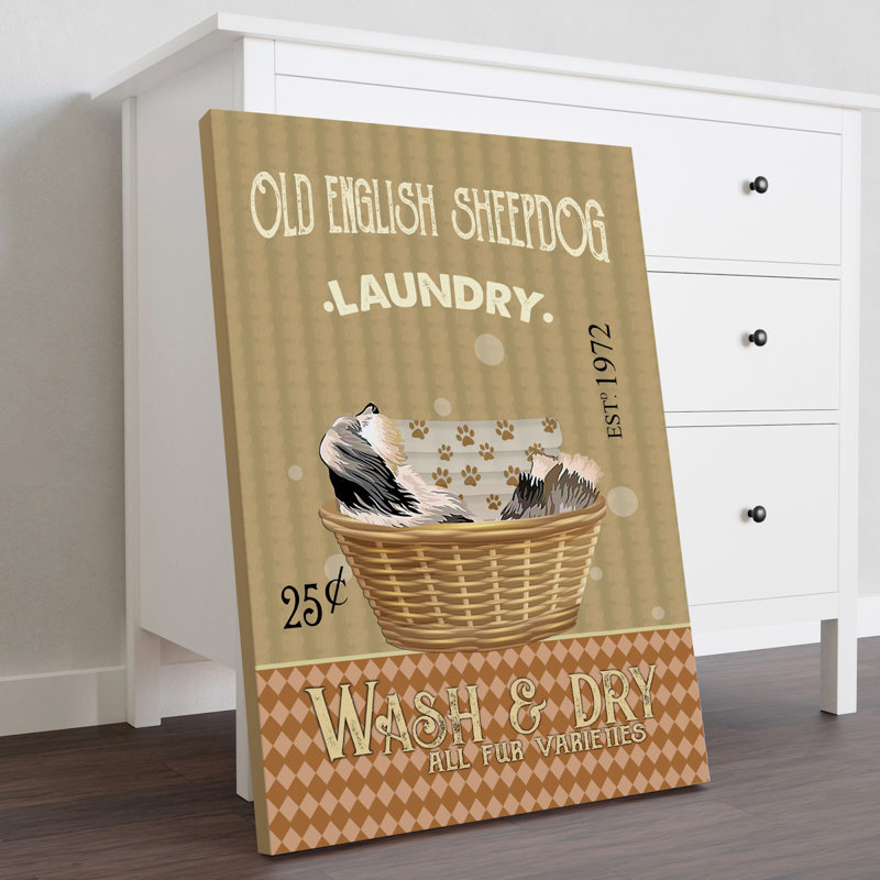 «Old English Sheepdog Do Laundry Gallery», toile tendue - décor d'illustration pour animaux de compagnie