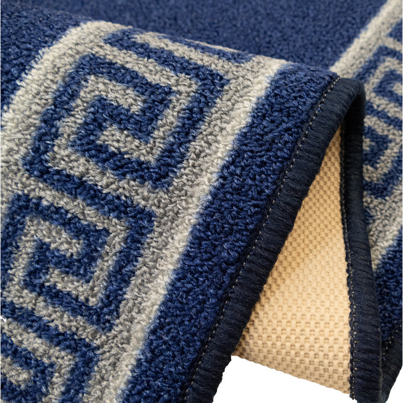 Custom Size Anti Slip Low Profile Loop Pile Meander Greek Key Navy Design Runner Rug Carpet, Runner 1'10" x 40'