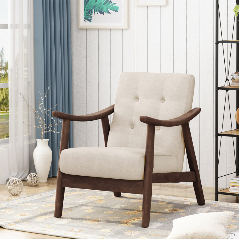 Chaise de style Mid-Century moderne avec revêtement beige et structure d'appoint brun, Beige