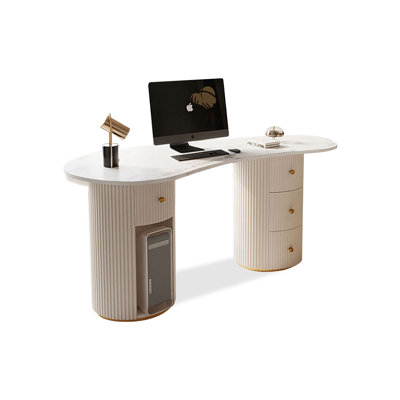 White Free Form Stone+Solid + Manufactured Wood+Leather with 4 drawers desk