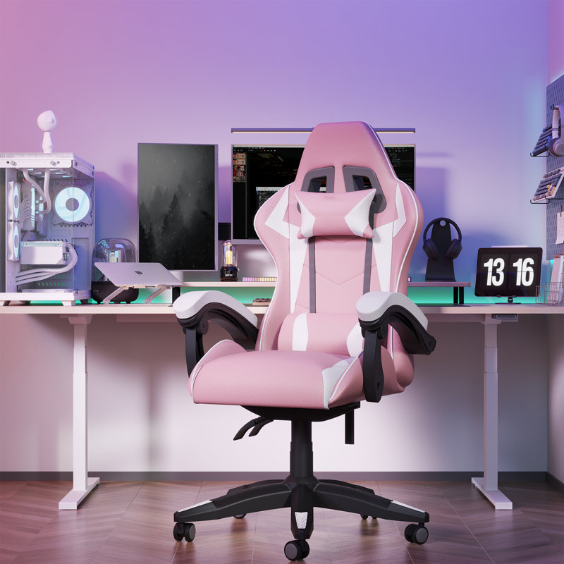 Stephen  Adjustable Reclining Ergonomic Swiveling PC & Racing Game Chair, White/Pink