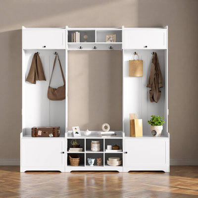 79.1''Wide Modern Hall Tree With Shoe Storage, 4-In-1 Entryway Bench With 8 Cubbies, 7 Coat Hooks & Adjustable Shelf For Hallway, Living Room