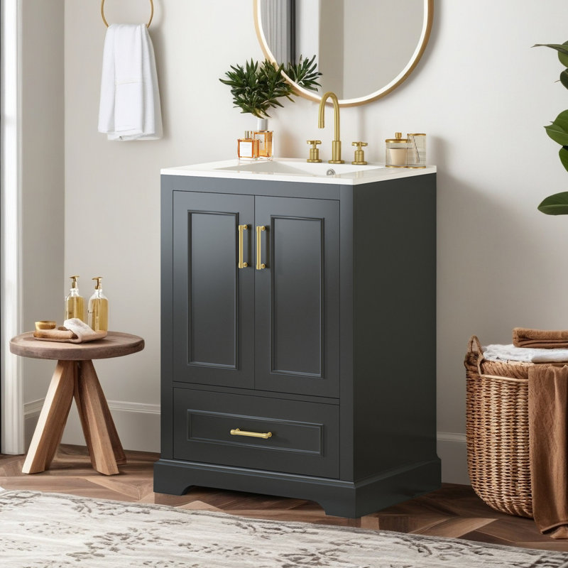 Meuble-lavabo simple 24 po avec plateau en céramique, 2 portes à fermeture douce et 1 tiroir divisé, Noir