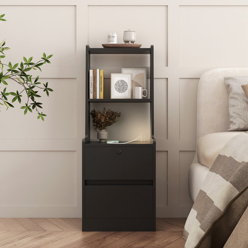 Nightstand with Charging Station, Light and Bookshelf, Black