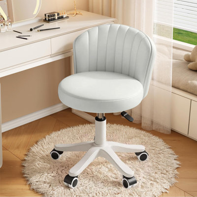 Armless Round Rolling Vanity Desk Chair Height Adjustable Swivel PU Leather Work Spa Chair, White