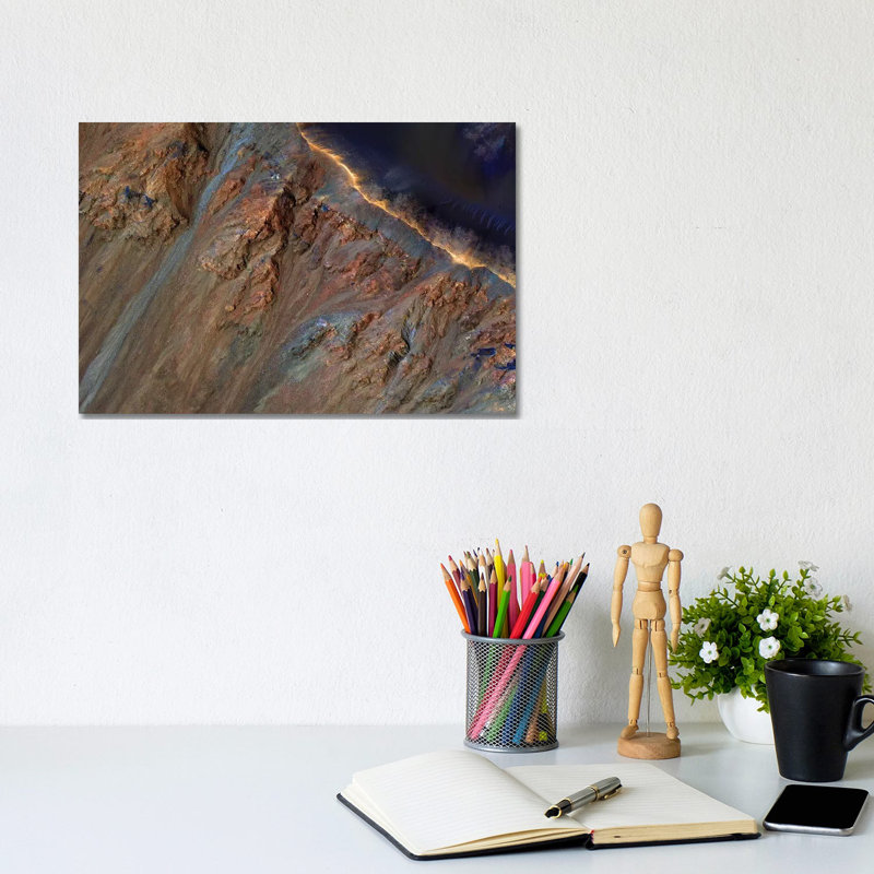 Enhanced Colour Close-up Of The Rim And Inner Slope Of Krupac Crater On Mars by Stocktrek Images - Wrapped Canvas Print