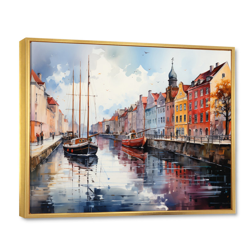«Danemark Canal Promenade I», reproduction sur toile, H 34 po x l 44 po x P 1,5 po, Cadre flottant doré