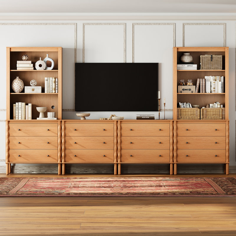 Meuble télé Greeta avec 12 tiroirs et 6 tablettes ouvertes, noyer, H 72,6 po x L 15,7 po x l 126 po, Noyer