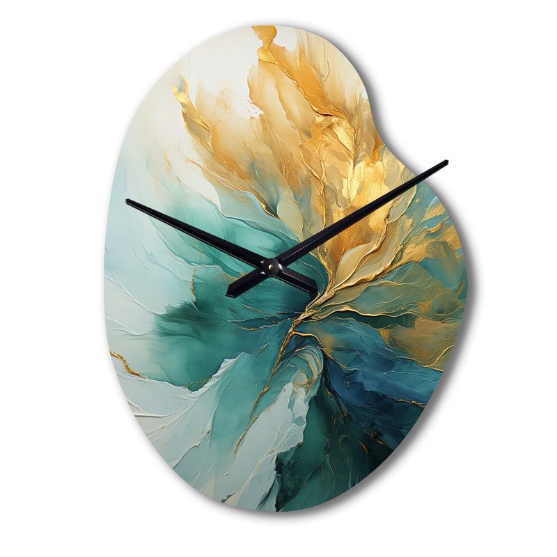 Gold And Teal Aurora Harmony - Pear Shape Unique Abstract Spirals Wall Clock, Small