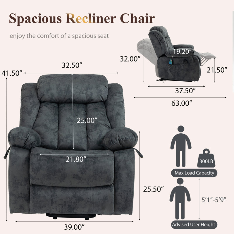 Weona 39.00" Premium Massive Velvet Recliners Chair with Massage,Heating and Assisted Standing, Gray
