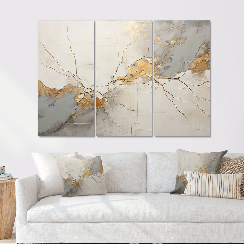 «Beige Gold Minimalisme Poteries I», ensemble d'art mural spirales abstraites, Toile tendue, H 28 po x l 36 po x P 1 po