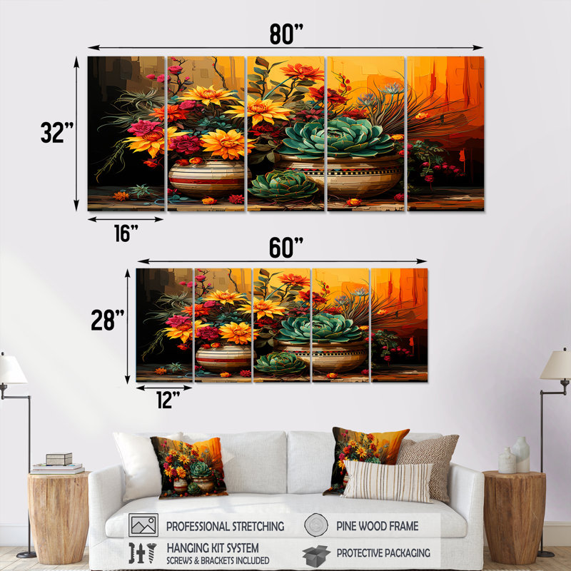 Boho Pottery Blooms - Boho Pottery, art mural 5 pièces, H 28 po x l 60 po