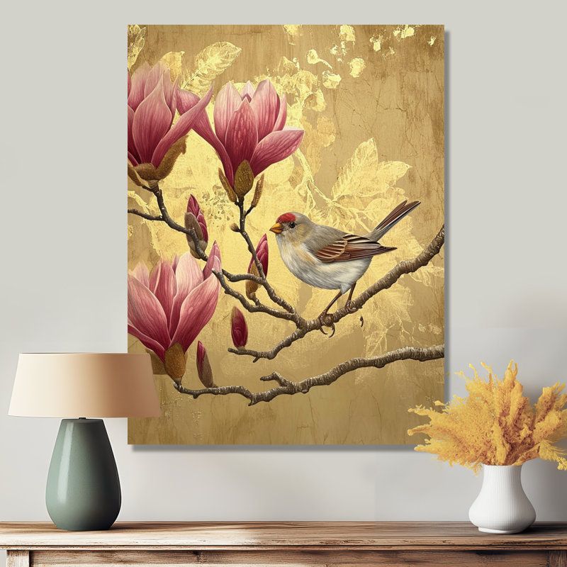 Oiseau pinson sur un magnolia - décoration murale, H 44 po x l 34 po x P 1,5 po, Toile tendue