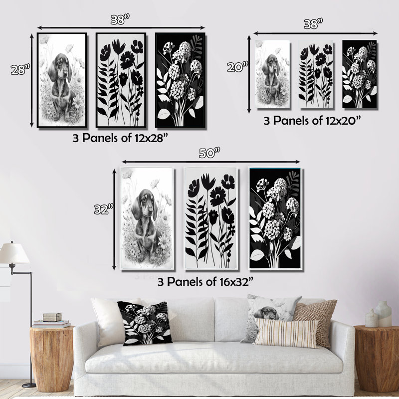 "Teckel et fleurs graphiques blanches", 3 pièces sur toile, Blanc, H 20 po x l 36 po