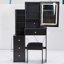 Petite coiffeuse de 29,2 po avec tabouret de chevet gauche + grand tabouret rembourré, commande tactile, interrupteur tricolore, miroir à luminosité réglable, rangement à grande capacité, convient aux petits espaces