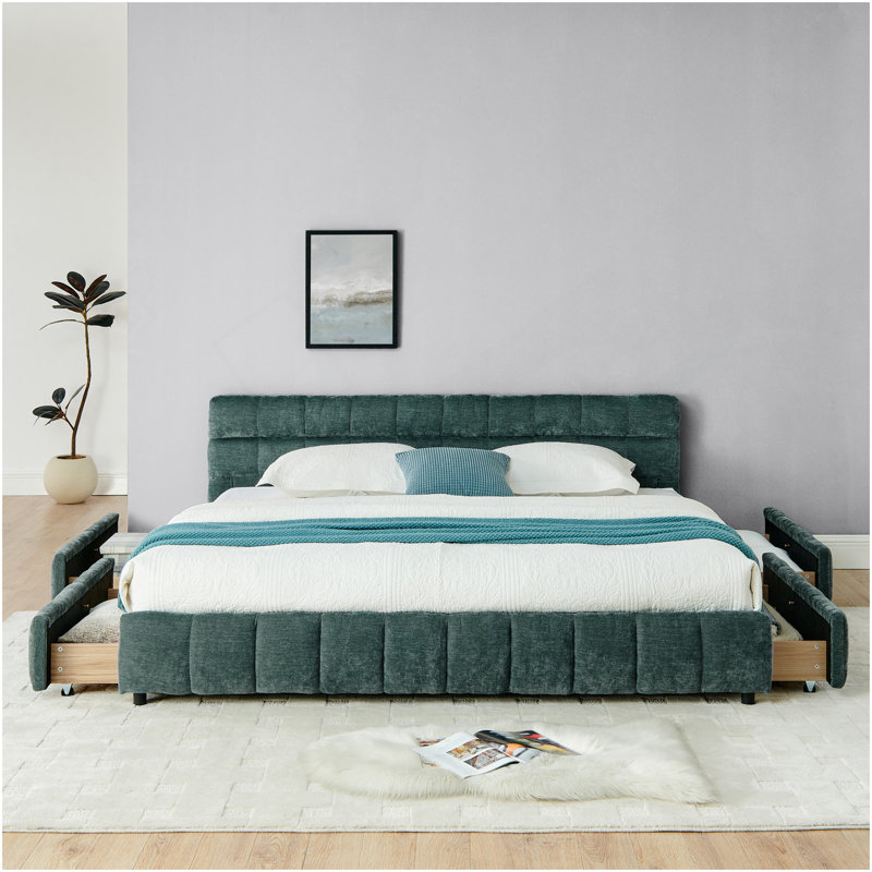 King Size Upholstered Bed ,Comfortable Upholstered Bed Frame, Chenille Fabric, With Headboard And  Bed Frame. With Drawer For Storage-Green