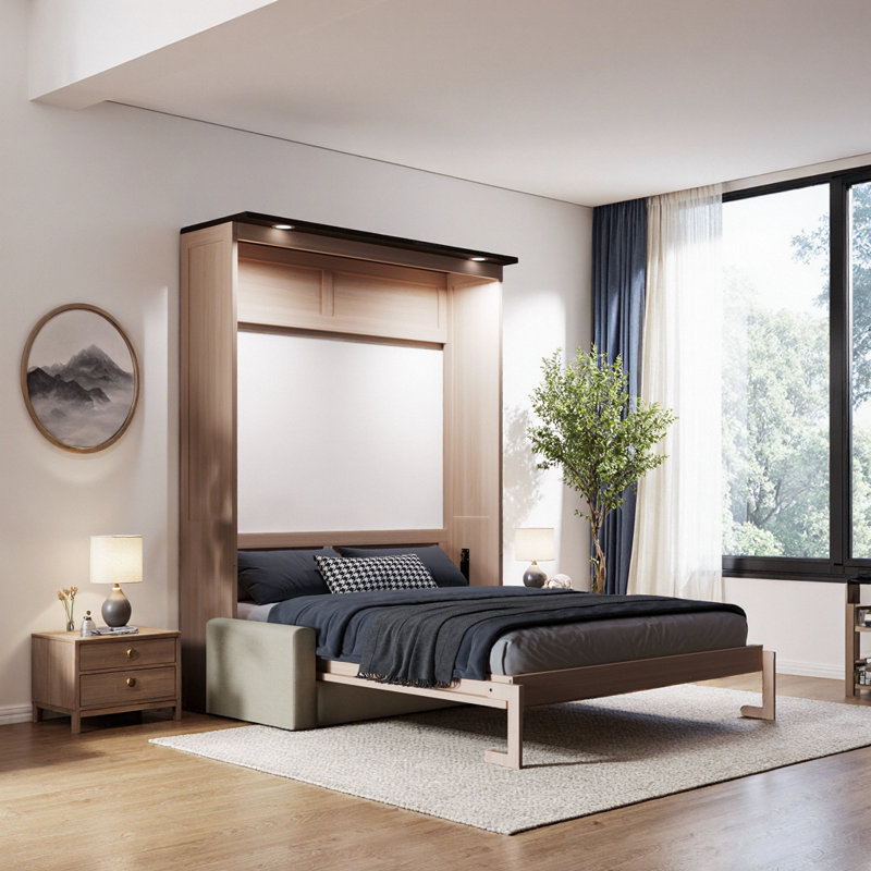 Lit escamotable Unavere Queen Size avec canapé et éclairage DEL, design pliable gain de place pour chambre multifonctionnelle