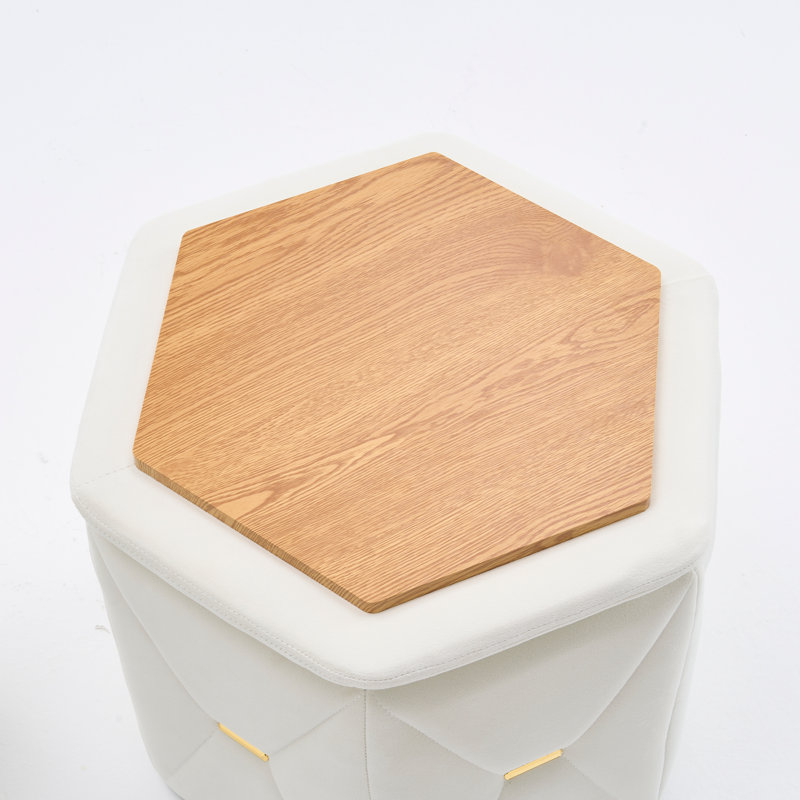 Upholstered Velvet Storage Ottoman with Gold Accents, Ivory