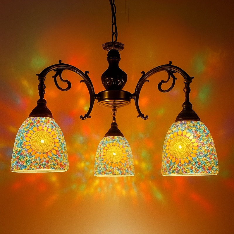 Magnifique lampe de plafond style lustre en mosaïque de vitrail Tiffany
