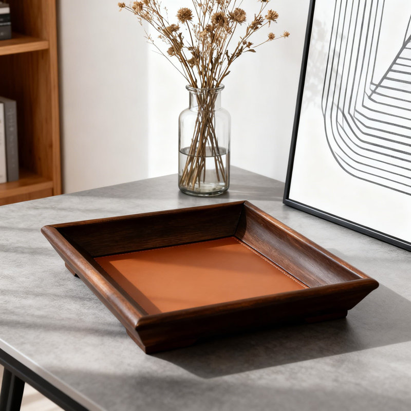 Solid Walnut Wood And Leather Tray - Stylish Home Decor Organizer For Remote Controls, Keys, And Essentials - Nordic Inspired Minimalist Desktop Storage Solution