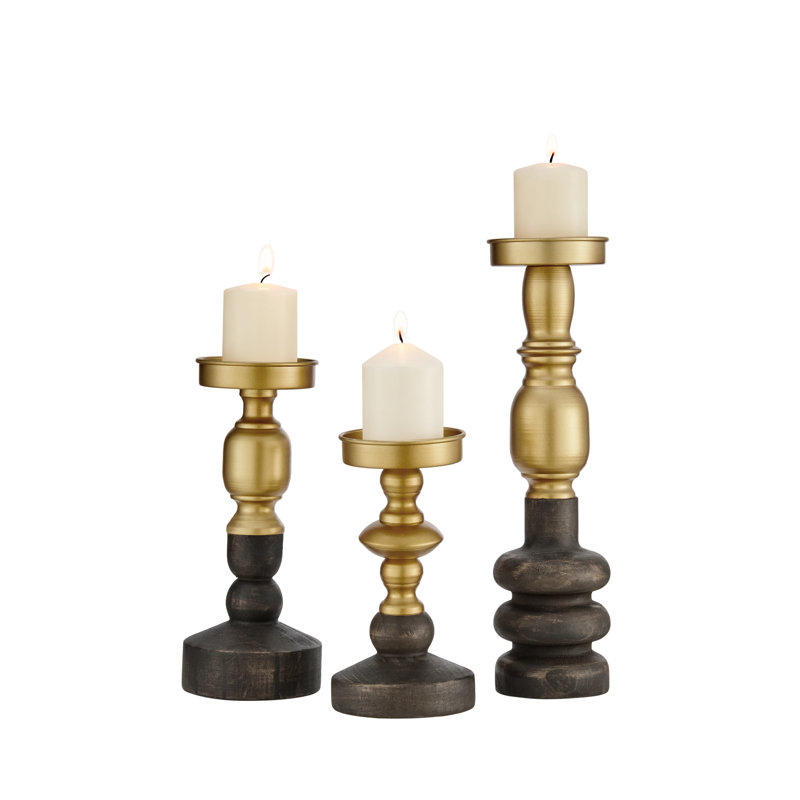 Nara Antique Brass And Vintage Wood Taper Candlestick And Pillar Candle Holders - Set Of 3