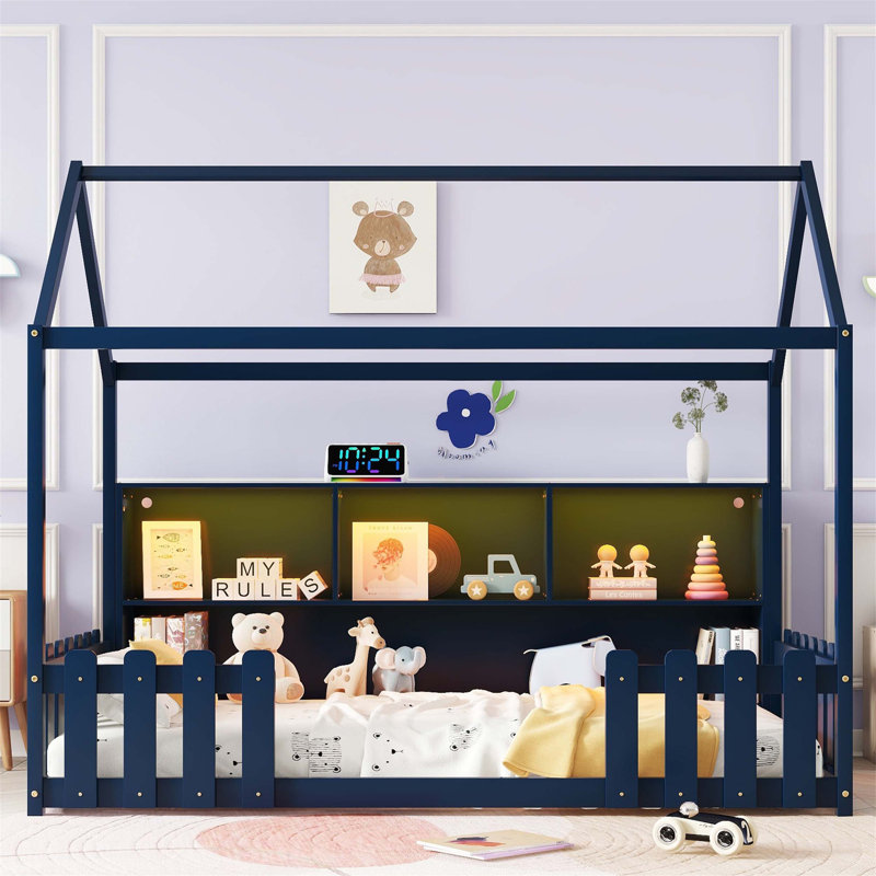 Lit simple en bois avec lumière DEL, bibliothèque de rangement et garde-corps pour enfants, Marine