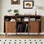 Support pour tourne-disque avec prise de courant et portes coulissantes, armoire de rangement moderne en vinyle de style Mid-Century, table à plateau tournant pour salon