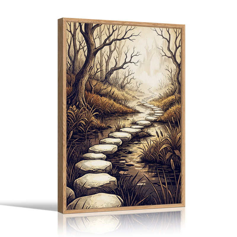 Toile murale d'Halloween représentant un chemin de dalles sépia à travers les bois, 48"H x 32"W