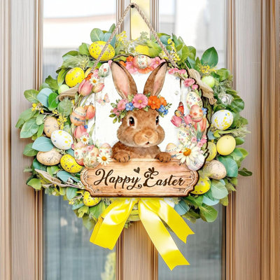 Wooden Easter Decoration Door Wreath For Front Door Sign Wall Signs Rabbit Spring Decoration Hollow Bunny Sign Flower Egg Welcome Hanging For Home Wall Decor Party Outdoor Indoor
