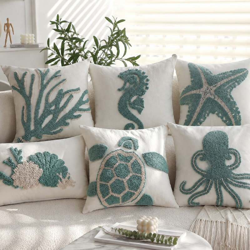 Housse de coussin capitonnée de style bord de mer avec garniture de 45,7 cm x 45,7 cm, Starfish