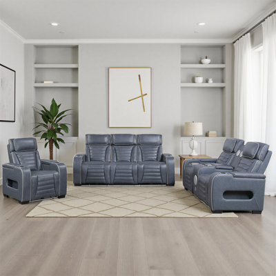 Roush Modern & Contemporary Top Grain Leather 3-Piece Power Reclining Living Room Set with Wireless Speakers, Air Massage, Heat, LED Lighting & Drop-Down Table