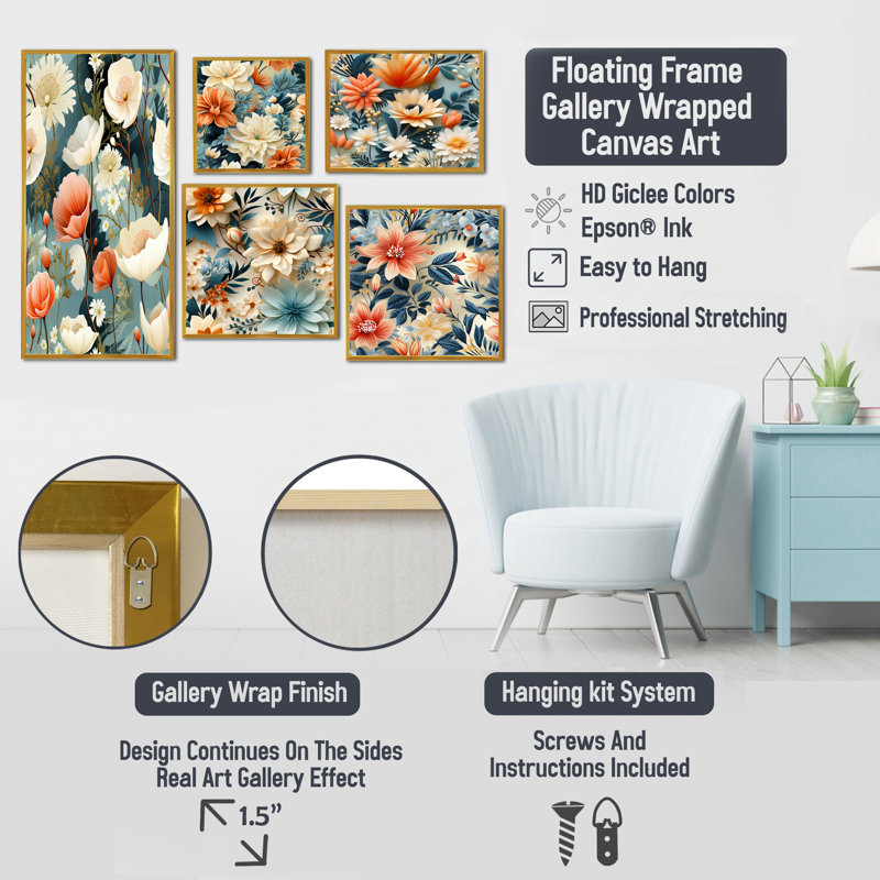 Herblay - Ensemble de 5 impressions sur toile florales, Cadre flottant doré